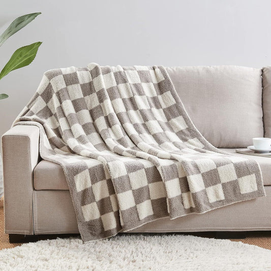 Grey and White Knitted Checkerboard Throw Blanket(130 x 150cm)