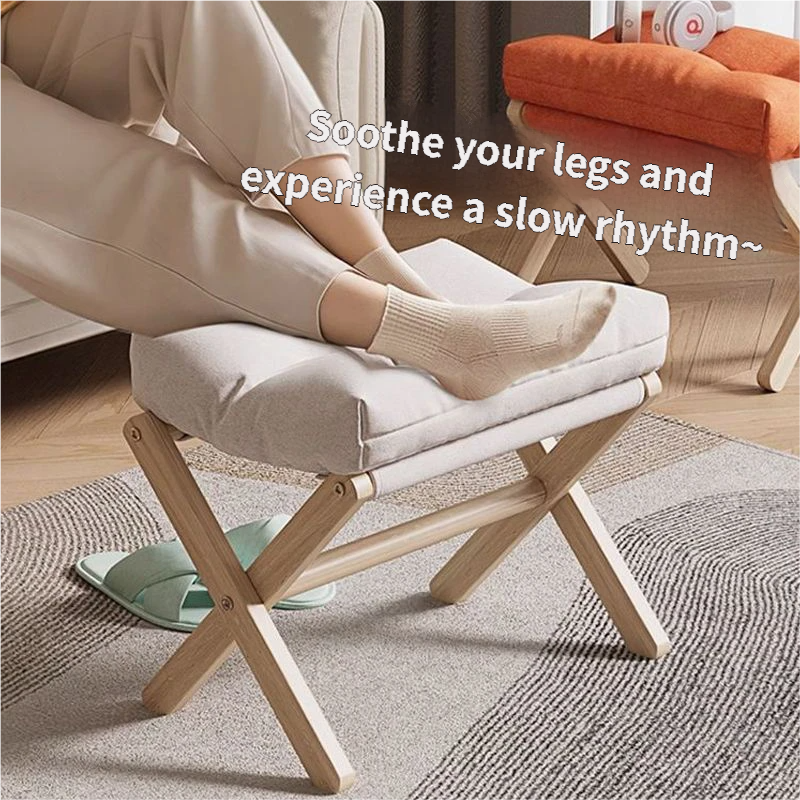 White Foldable Ottoman & Padded Footstool with Velcro Stability - Cotton Linen Portable Office Leg Rest & Entryway Shoe Stool