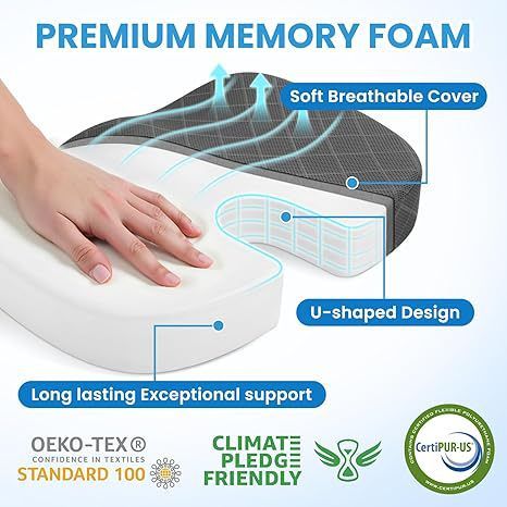 Grey Ergonomic Memory Foam U-Shaped Seat Cushion
