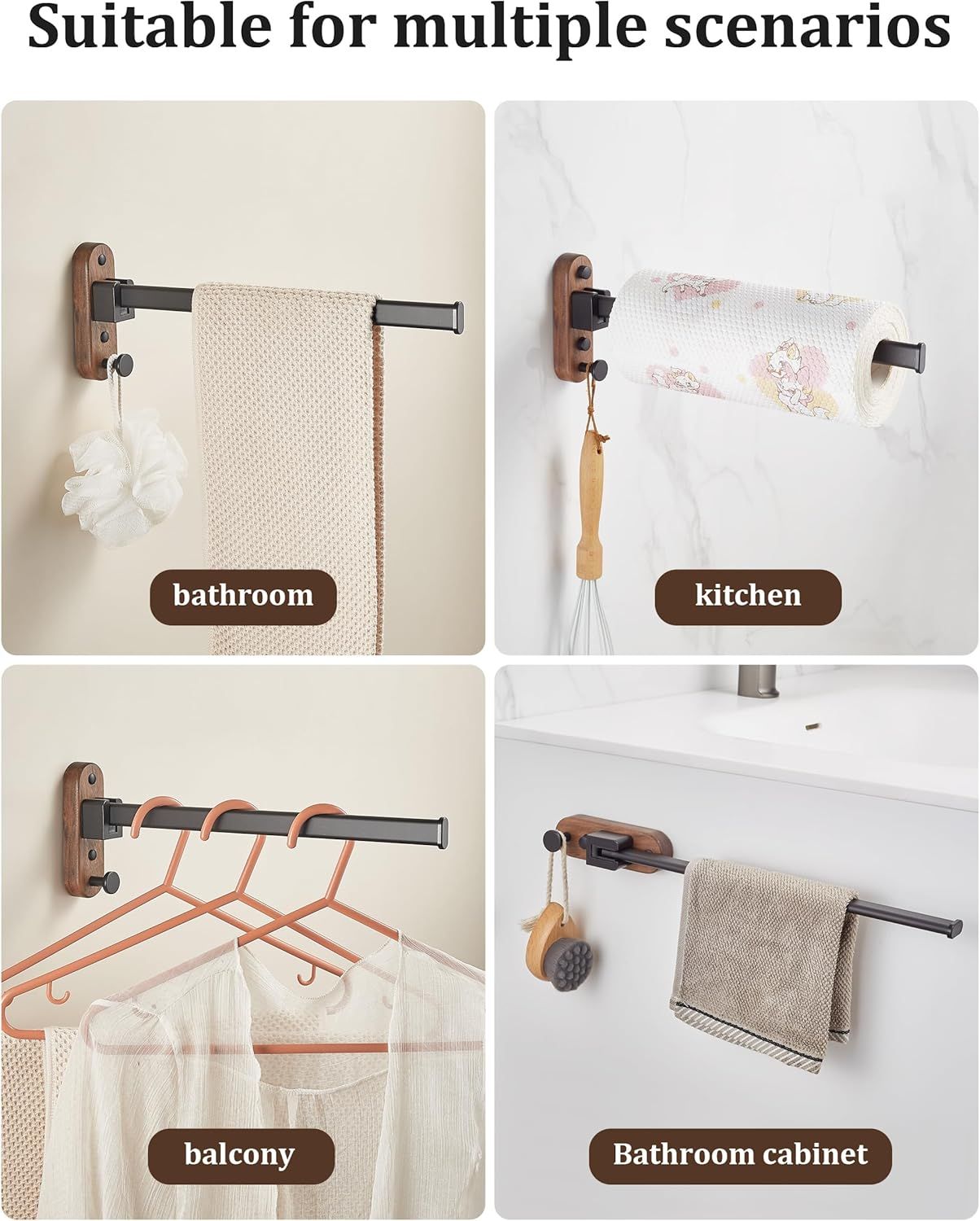 33CM Moisture Aluminum Folding Towel Rack Integrated Bottom Hook - 90° Folding White Beechwood Grain Wall-Mounted Drying Rod and Organize