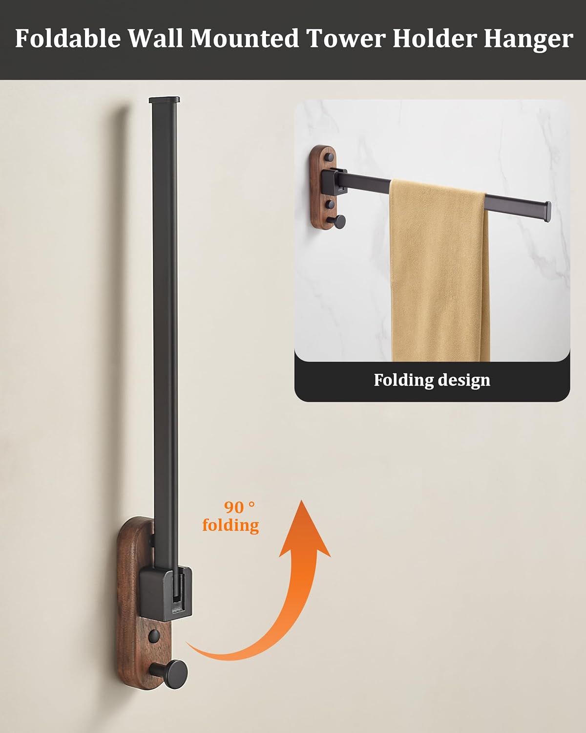43CM Moisture Aluminum Folding Towel Rack Integrated Bottom Hook - 90° Folding White Beechwood Grain Wall-Mounted Drying Rod and Organize