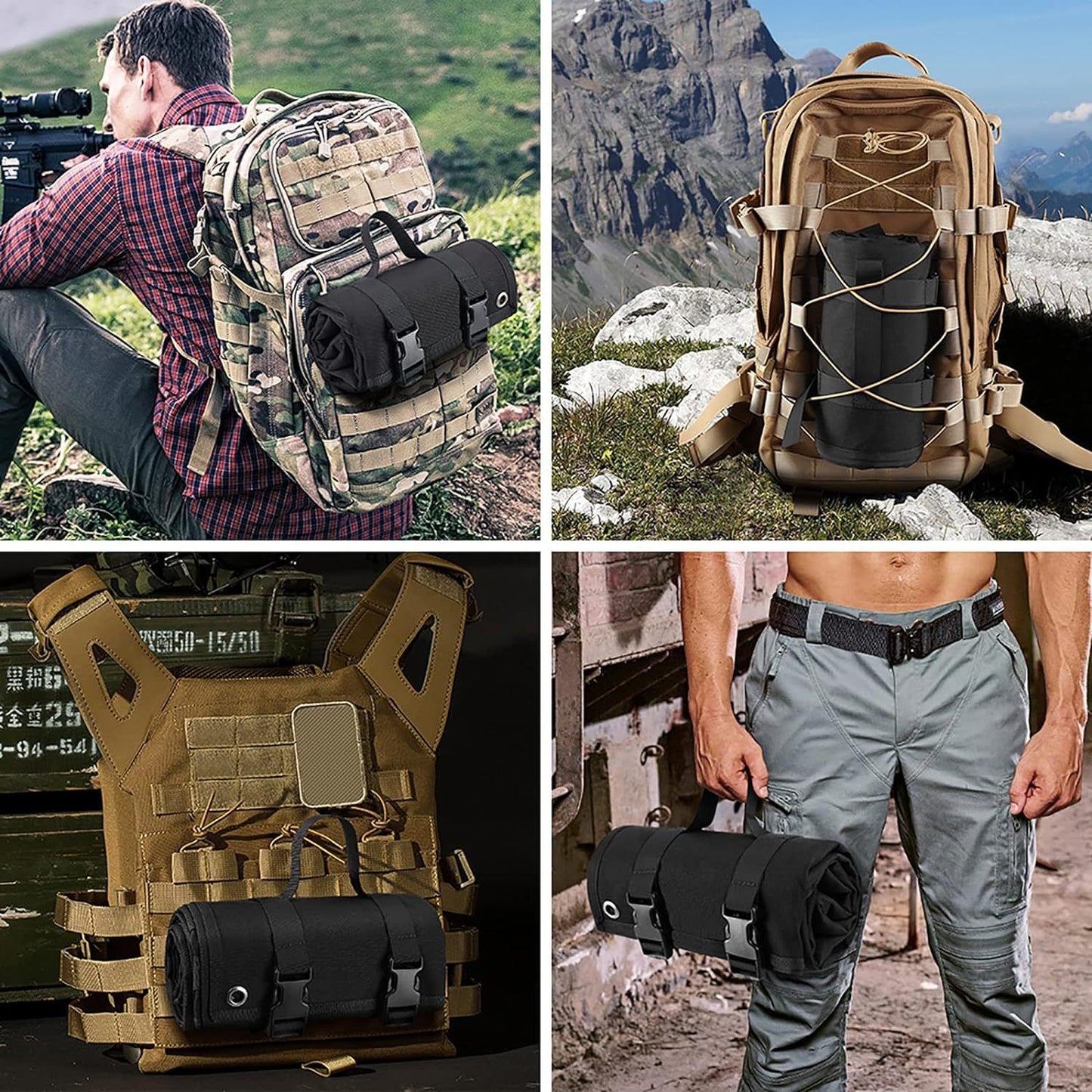 200x75CM Black Outdoor Tactical Roll-Up Shooting Mat - MOLLE Webbing & Stake Down Eyelets - Portable Waterproof Ground Pad for Field Training, Camping & Picnic