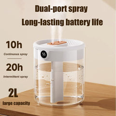 White 2L Dual-Spray Ultrasonic Humidifier and Air Diffuser with Night Light - USB Powered, Quiet Operation, Smart Digital Display & Real-Time Humidity Sensor