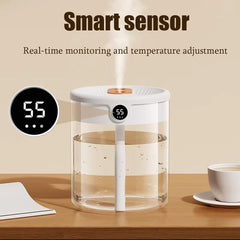 White 2L Dual-Spray Ultrasonic Humidifier and Air Diffuser with Night Light - USB Powered, Quiet Operation, Smart Digital Display & Real-Time Humidity Sensor