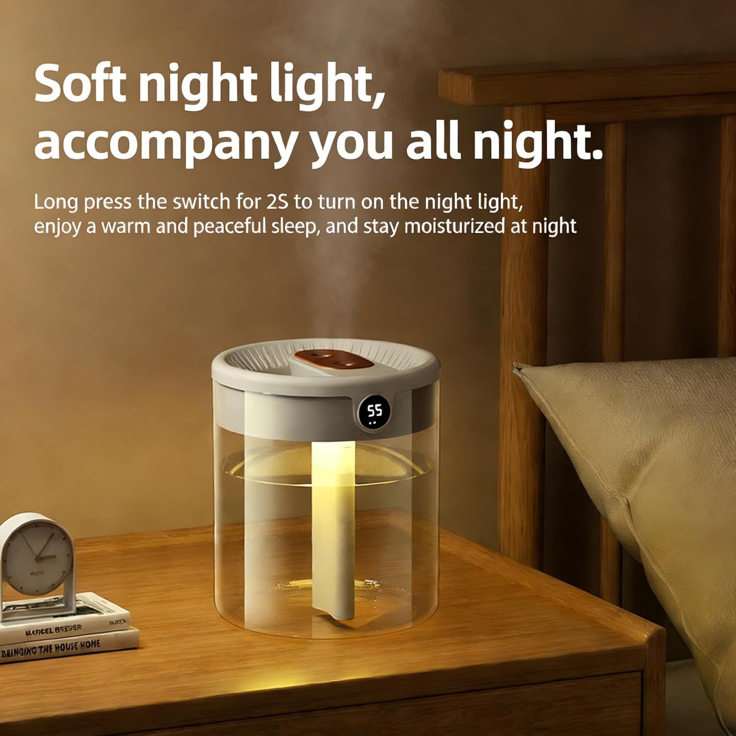 White 2L Dual-Spray Ultrasonic Humidifier and Air Diffuser with Night Light - USB Powered, Quiet Operation, Smart Digital Display & Real-Time Humidity Sensor