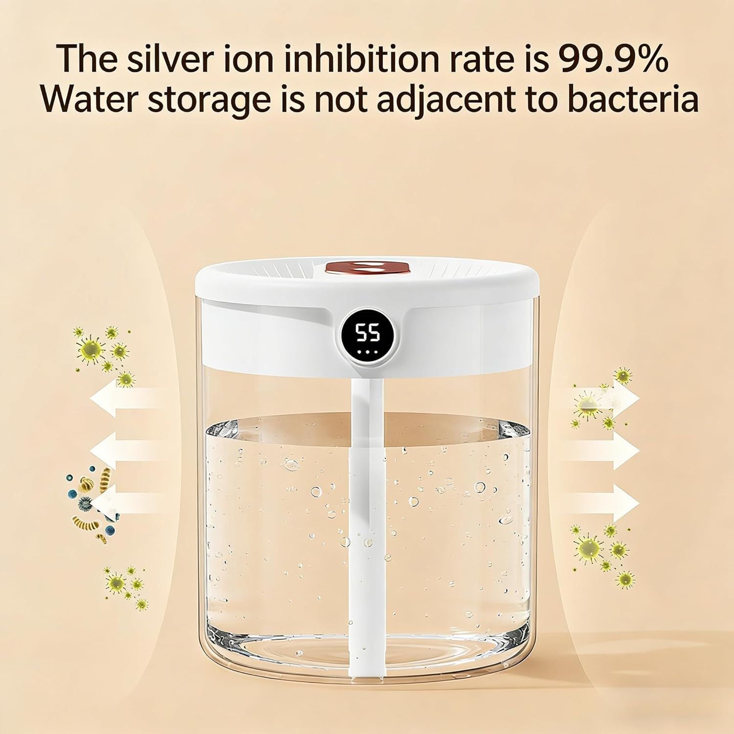 White 2L Dual-Spray Ultrasonic Humidifier and Air Diffuser with Night Light - USB Powered, Quiet Operation, Smart Digital Display & Real-Time Humidity Sensor