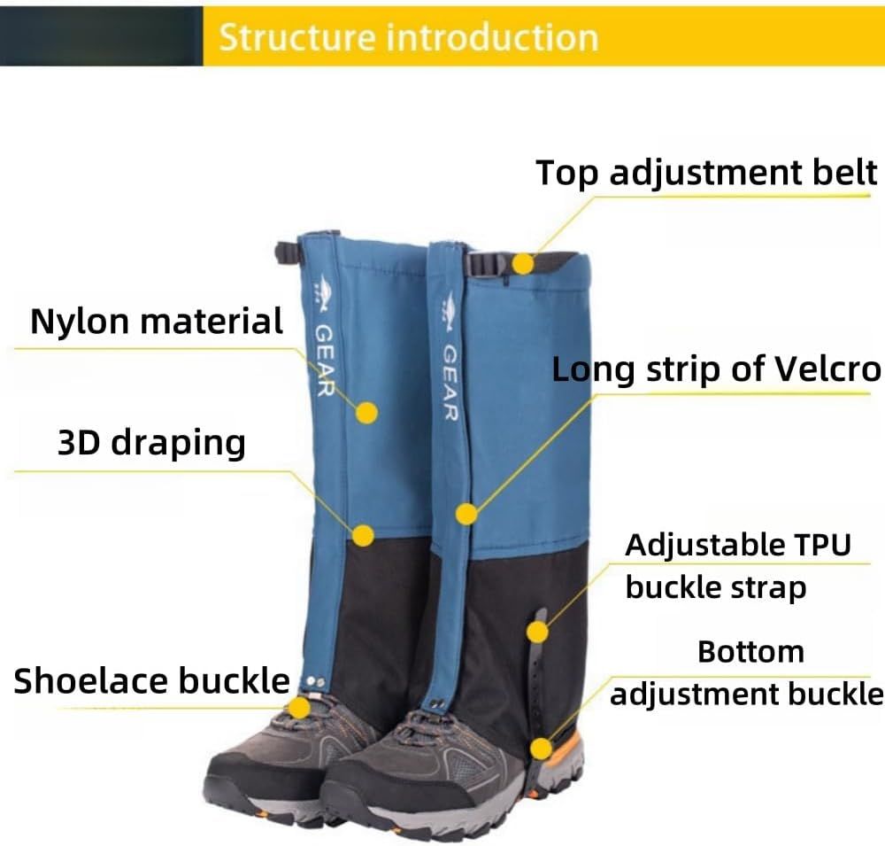 Black Breathable Nylon Waterproof Hiking Leg Gaiters and Snow Boot Gaiters