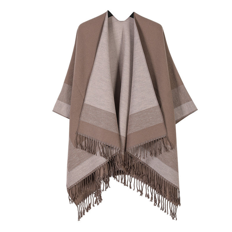 Khaki Women's Tassel Cape Shawl