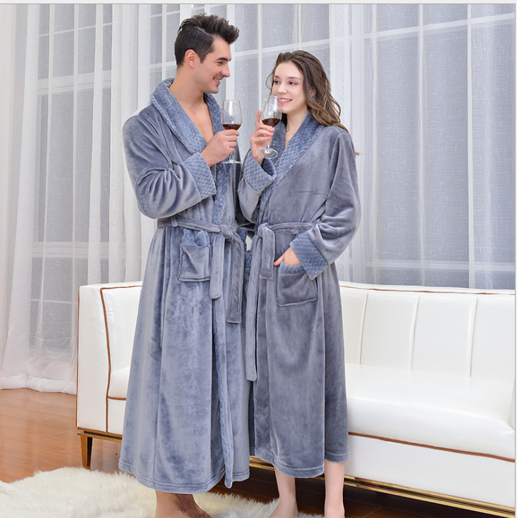 Grey 3XL size Plush Flannel Robe for Couples - Thickened Warm Bathrobe with Shawl Collar, Soft Fleece Material, Unisex Long Style for Winter Home Wear