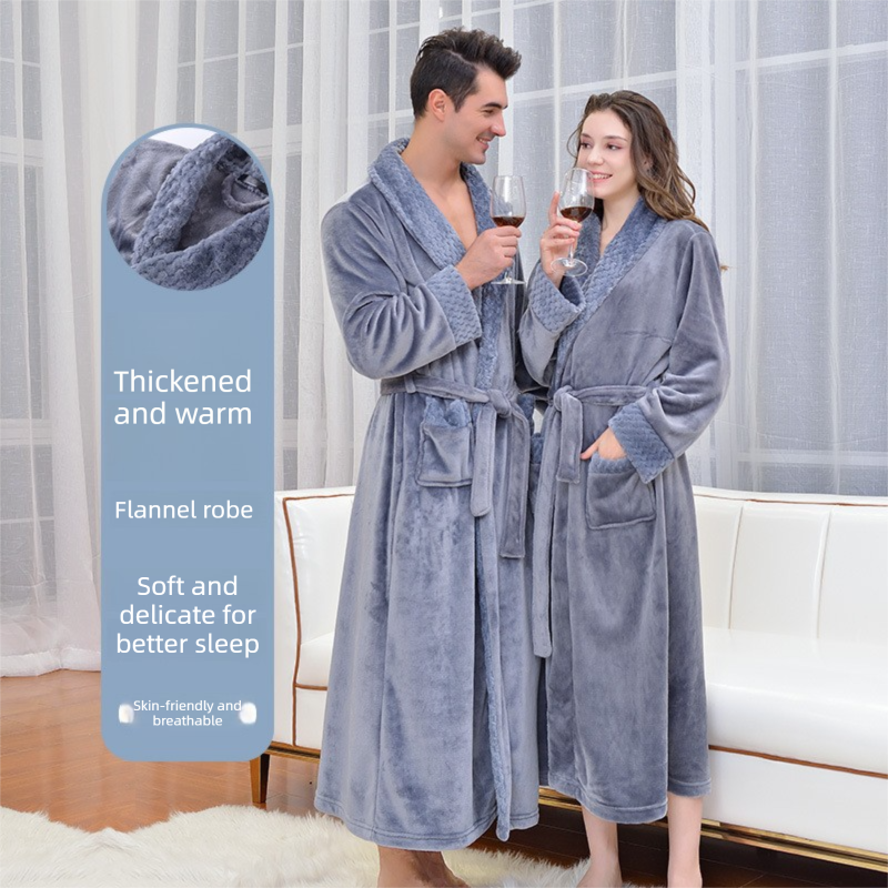 Grey 3XL size Plush Flannel Robe for Couples - Thickened Warm Bathrobe with Shawl Collar, Soft Fleece Material, Unisex Long Style for Winter Home Wear