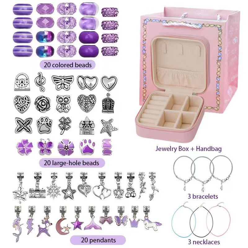 66-Piece  Purple Gift Bag Craft Set (Includes Beads, Charms, and Storage Case) -Kids' Unicorn DIY Bracelet Kit – Creative Jewelry Making Gift for Girls Ages 3+