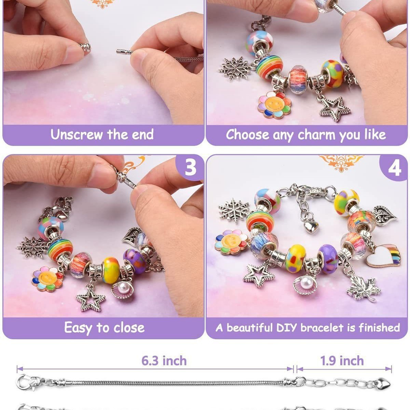 66-Piece  Purple Gift Bag Craft Set (Includes Beads, Charms, and Storage Case) -Kids' Unicorn DIY Bracelet Kit – Creative Jewelry Making Gift for Girls Ages 3+