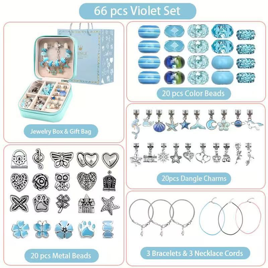 66-Piece Blue Gift Bag Craft Set (Includes Beads, Charms, and Storage Case) -Kids' Unicorn DIY Bracelet Kit – Creative Jewelry Making Gift for Girls Ages 3+