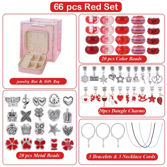 66-Piece Red Gift Bag Craft Set (Includes Beads, Charms, and Storage Case) -Kids' Unicorn DIY Bracelet Kit – Creative Jewelry Making Gift for Girls Ages 3+