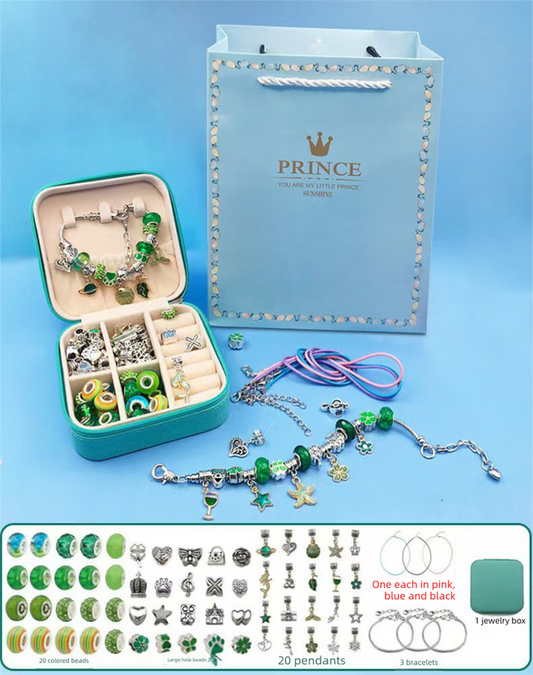 66-Piece Green Gift Bag Craft Set (Includes Beads, Charms, and Storage Case) -Kids' Unicorn DIY Bracelet Kit – Creative Jewelry Making Gift for Girls Ages 3+