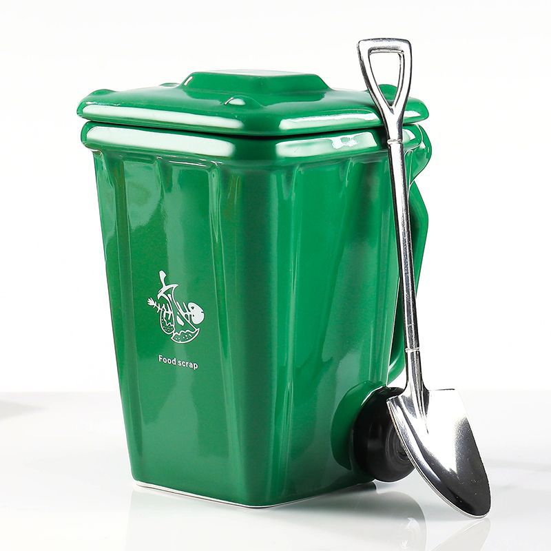 Green  Creative Trash Can Ceramic Mug with Shovel Spoon - 400m