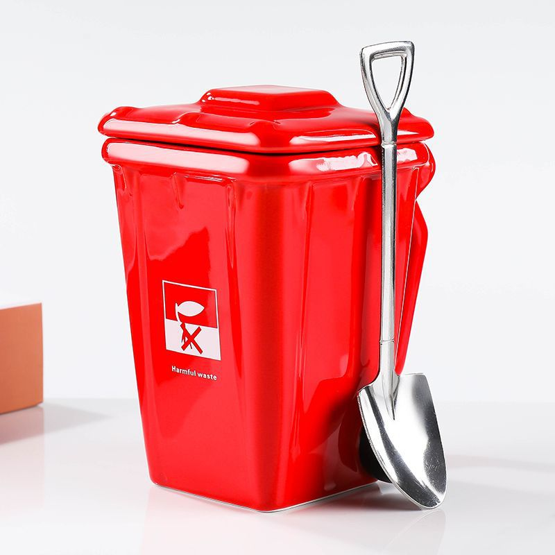 Red  Creative Trash Can Ceramic Mug with Shovel Spoon - 400ml