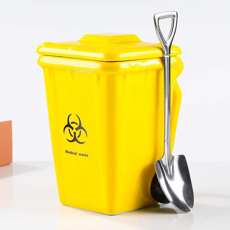 Yellow  Creative Trash Can Ceramic Mug with Shovel Spoon - 400ml