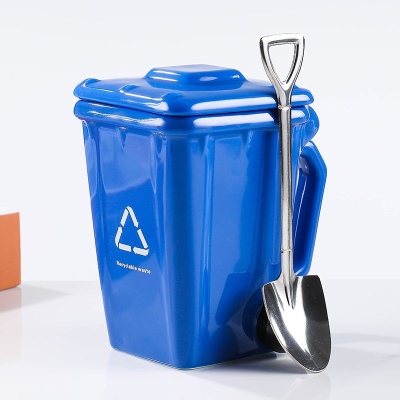 Blue  Creative Trash Can Ceramic Mug with Shovel Spoon - 400ml
