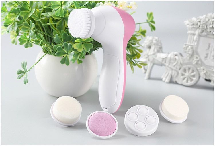 Blue 5-in-1 Electric Facial Cleansing Brush - Rotating Face Scrubber with 5 Interchangeable Heads for Deep Pore Cleaning, Exfoliating & Massaging