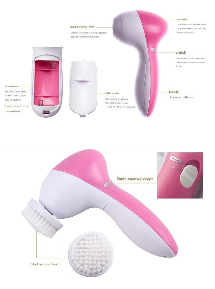 Blue 5-in-1 Electric Facial Cleansing Brush - Rotating Face Scrubber with 5 Interchangeable Heads for Deep Pore Cleaning, Exfoliating & Massaging