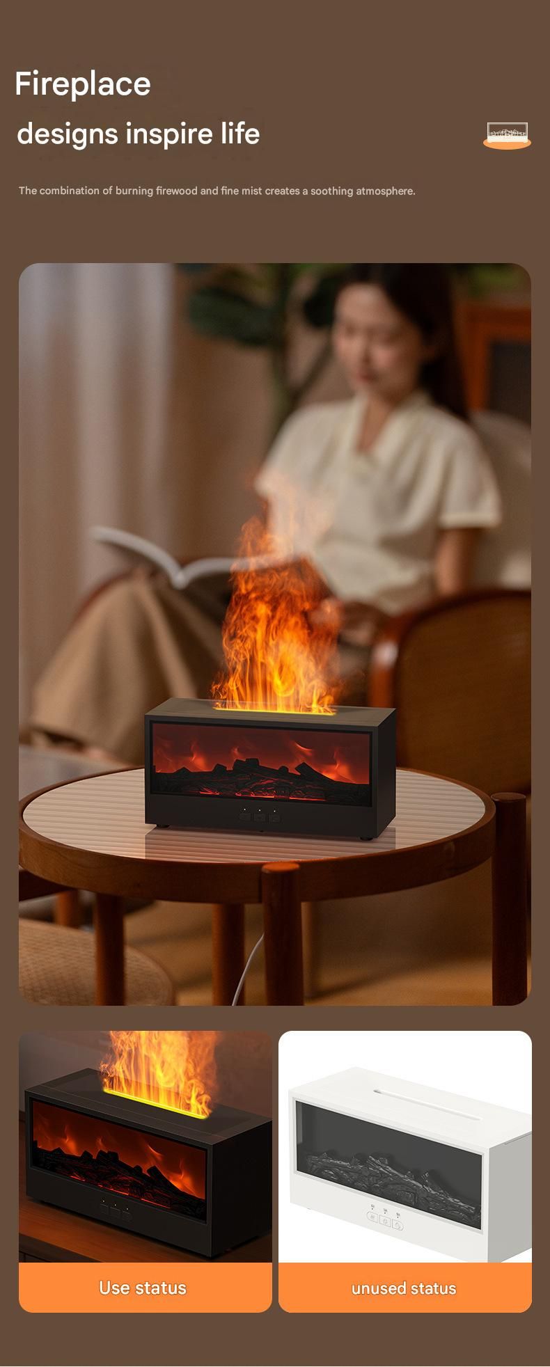 Desktop Fireplace Design with Realistic LED Fire, 7-Color Mood Lighting, and Silent Ultrasonic Mist