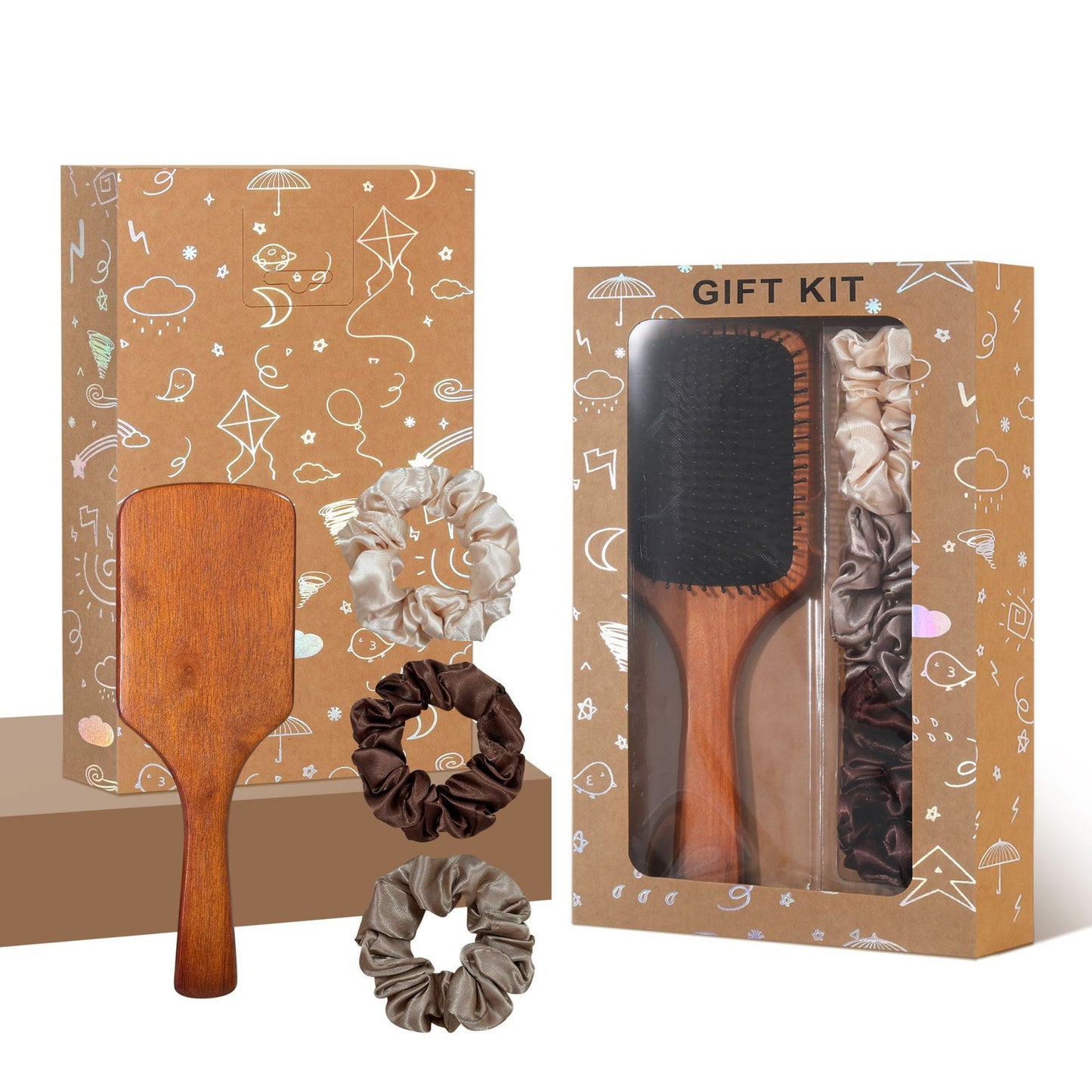 Black Paddle Hair Brush Gift Set with Satin Scrunchies