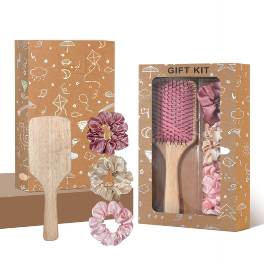 Pink Paddle Hair Brush Gift Set with Satin Scrunchies