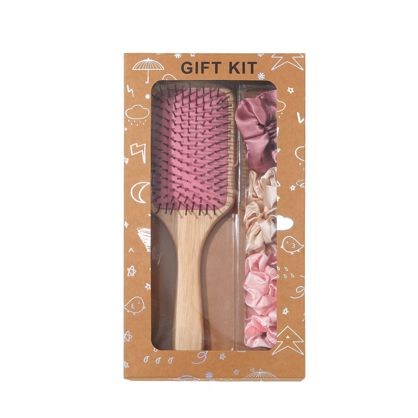 Pink Paddle Hair Brush Gift Set with Satin Scrunchies