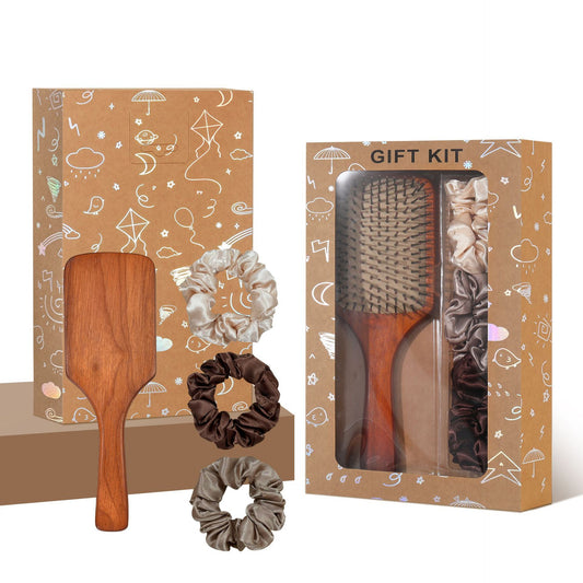 Yellow Paddle Hair Brush Gift Set with Satin Scrunchies
