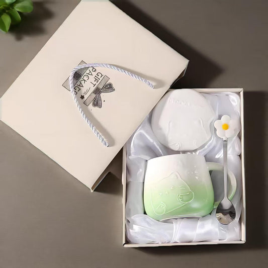 Green Gradient Cat Ceramic Mug with Lid & Spoon 400ml