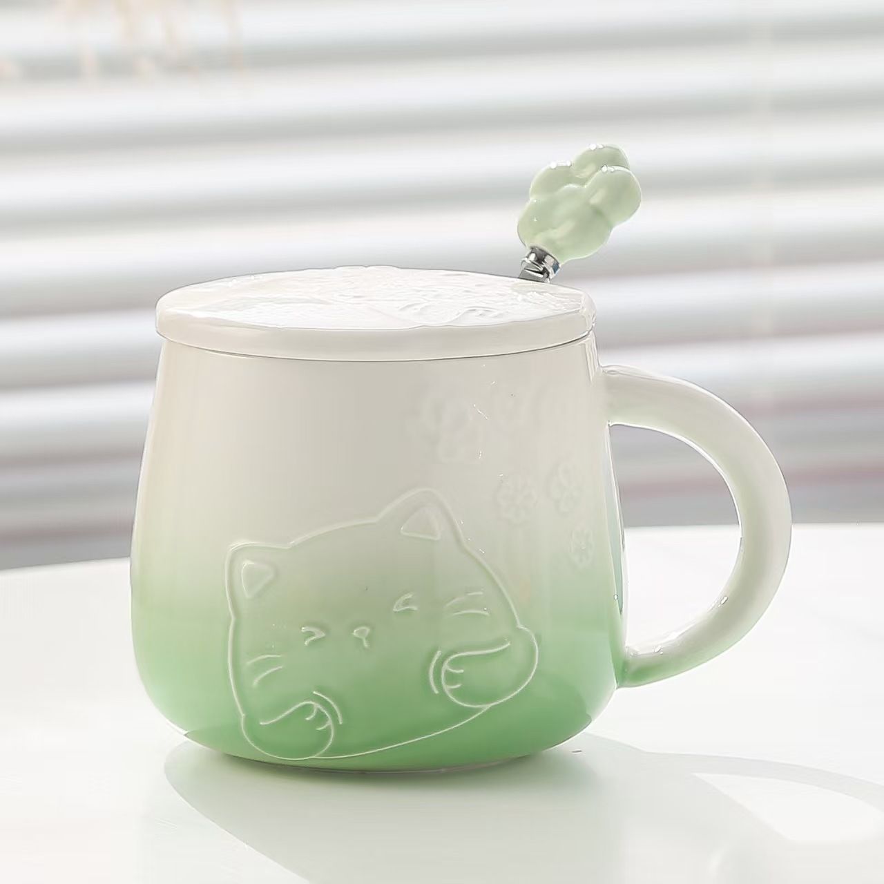 Green Gradient Cat Ceramic Mug with Lid & Spoon 400ml