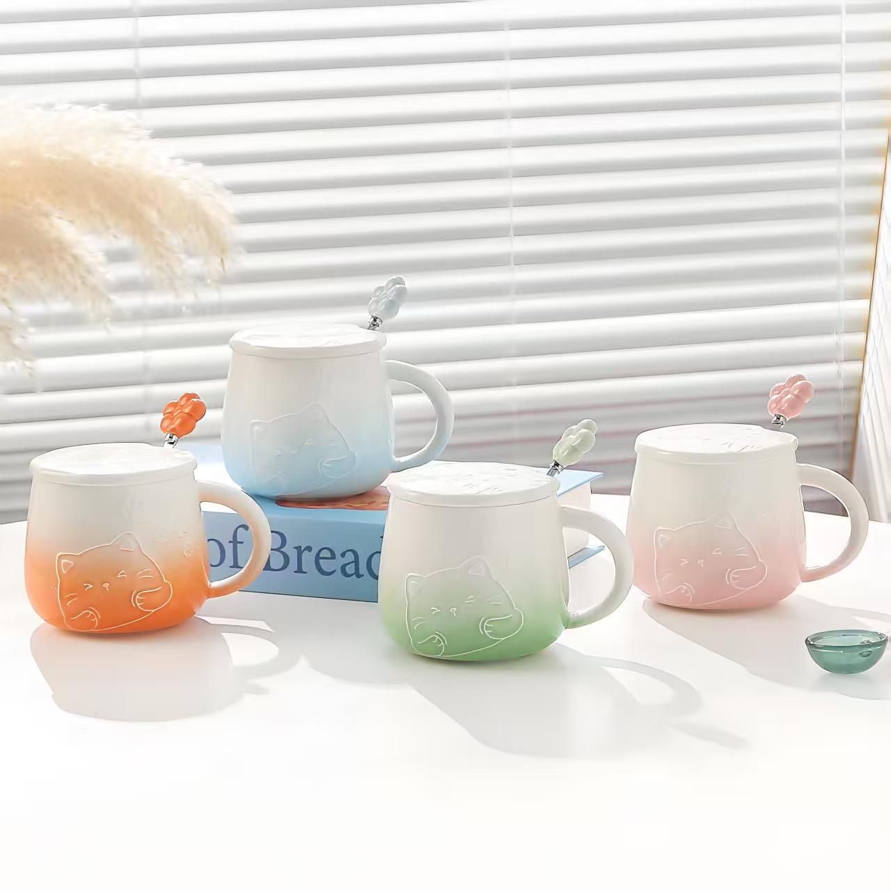 Green Gradient Cat Ceramic Mug with Lid & Spoon 400ml