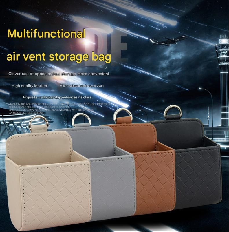 4-piece Black and Brown and Beige and Grey - Leather Car Air Vent Storage Bag - Multi-Purpose Phone Holder & Organiser Pouch for Sunglasses, Keys, Cards - Universal Fit, Easy Install, Compact Design for Dashboard Tidy