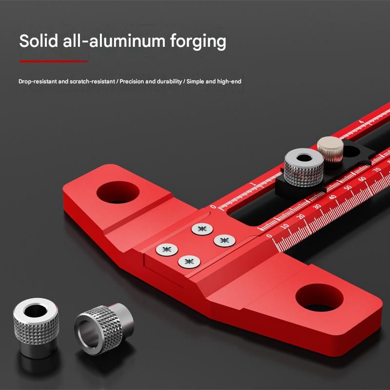 Red Multifunctional T-Square Ruler 0-400mm -  Aluminium Alloy with Laser Engraved Scale - Interchangeable Drill Bushings, 90 Degree Marking & Drilling Guide for Woodworking, DIY and Carpentry