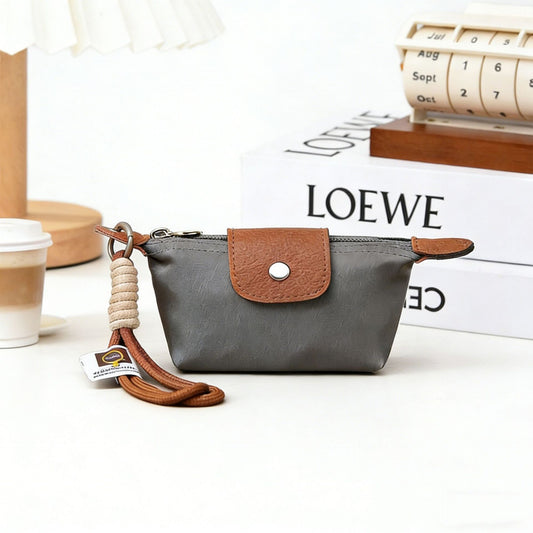 Grey Mini Nylon Coin Purse with Wrist Strap for Cards Lipstick and Earphones