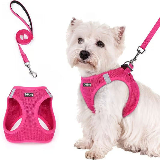 Rose red Breathable Dog Harness and Leash Set (Size: S)