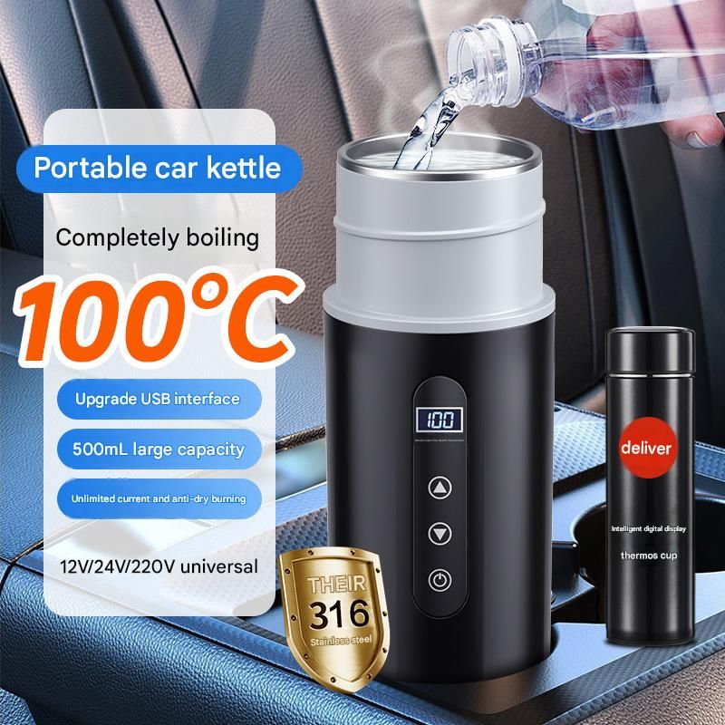 Black 500ml Portable Car Kettle - 12V/24V