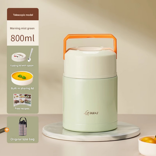 Portable 800ml Vacuum Insulated Lunch Pot (Green, Retractable Handle)