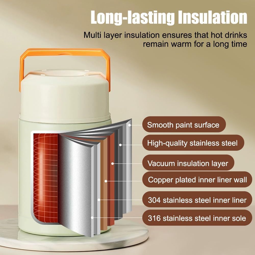 Portable 800ml Vacuum Insulated Lunch Pot (Green, Retractable Handle)