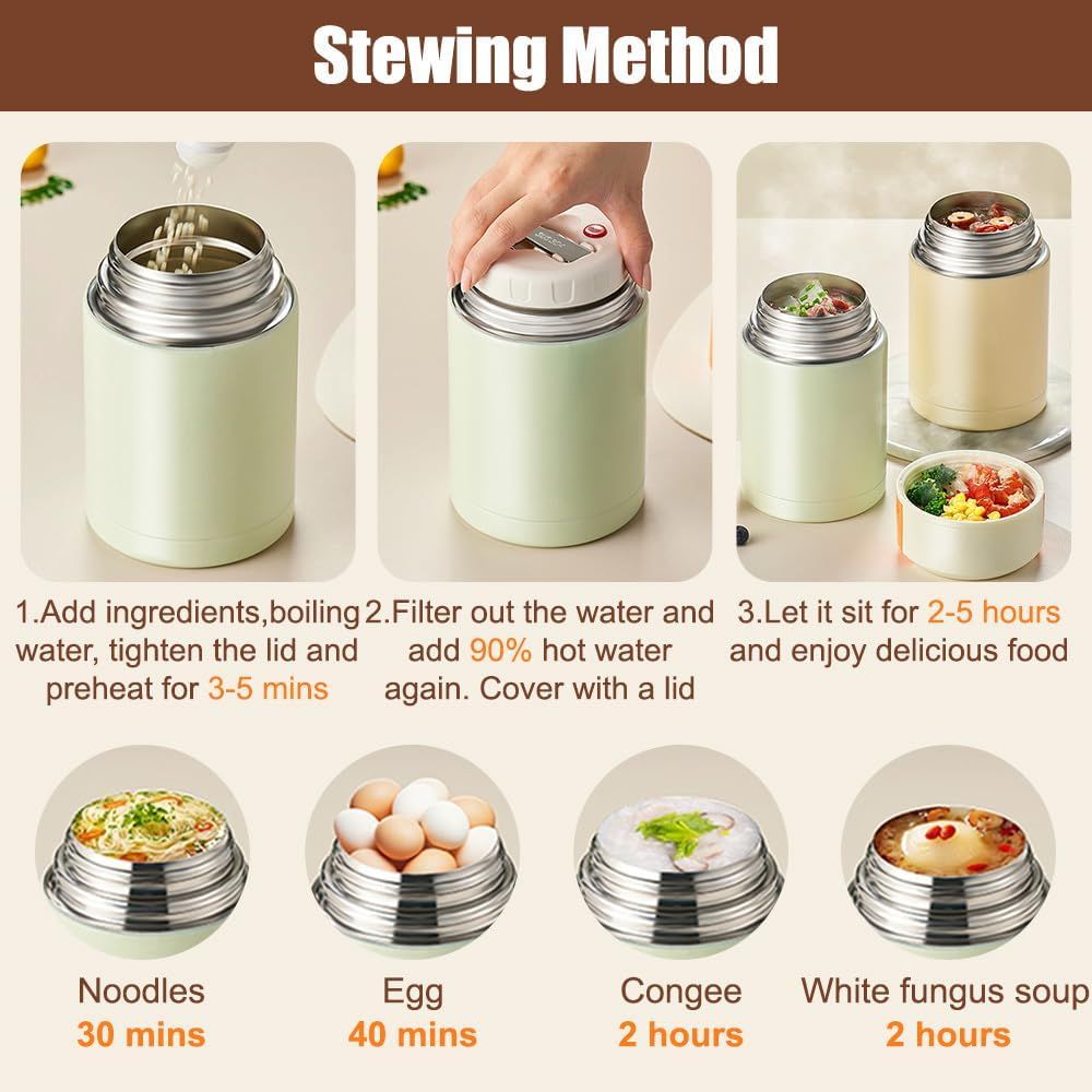 Portable 800ml Vacuum Insulated Lunch Pot (Green, Retractable Handle)