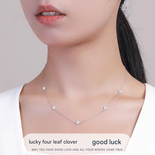Silver Lucky Four Leaf Sparkling Zirconia Charm Necklace Gift