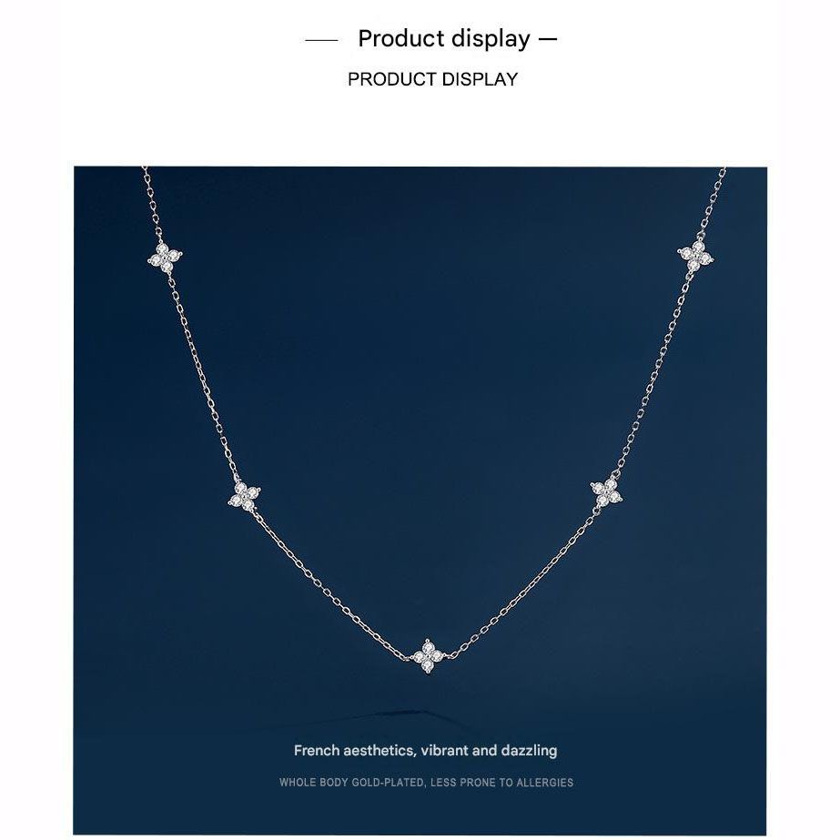 Silver Lucky Four Leaf Sparkling Zirconia Charm Necklace Gift