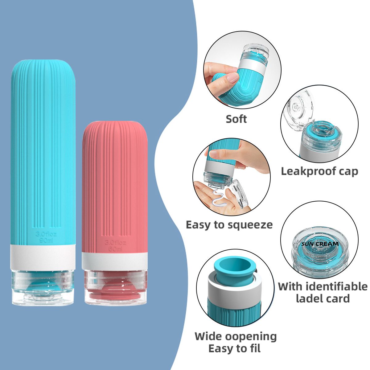 Silicone Travel Toiletry Bottles Set Leakproof Squeeze Containers with Case(04)