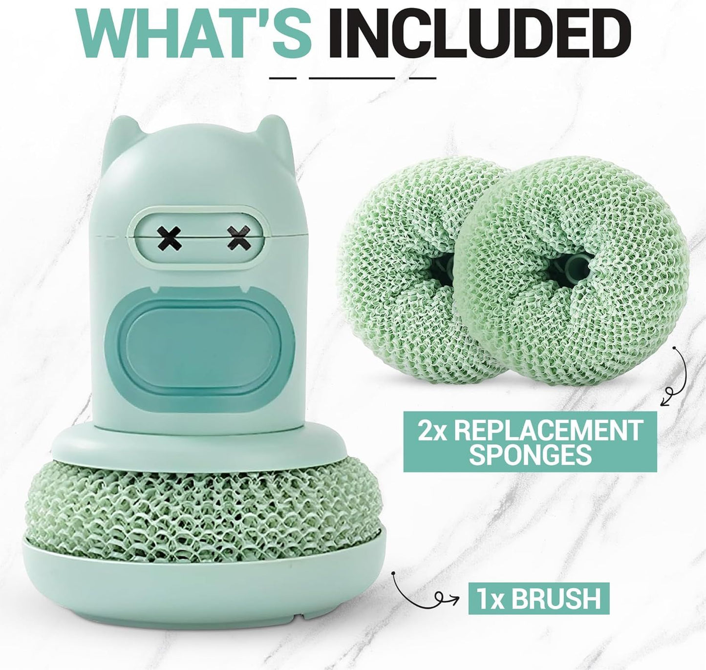 White Cartoon Press Dishwashing Brush with Replaceable Sponge Heads Kitchen Pot Cleaner