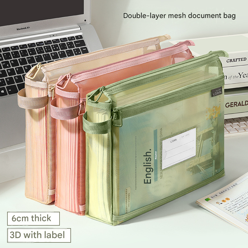 Black Double Layer Mesh File Bag with Handle Large Capacity Student Subject Organizer