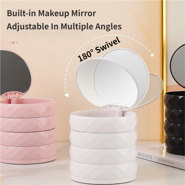 2-Pack 4-Tier Rotating Jewelry Organizer Box with Adjustable Mirror & Diamond Cut Design – Compact 360° Swivel Earring Stud Necklace Storage Box for Vanity Countertop, 10 x 10cm, Black