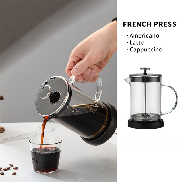 High-Density 3D Filter Mesh Cafetiere, Manual Milk Frother and Tea Infuser Pot
