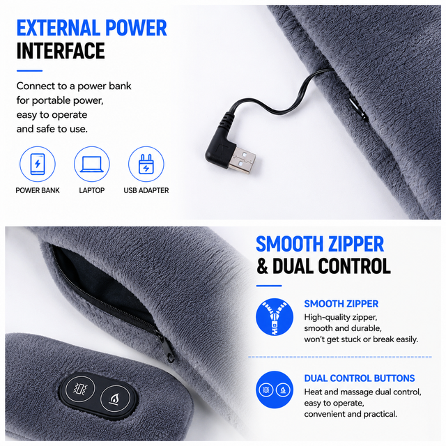 Grey Plush USB Heated Massage Neck Scarf with 3 Temp & 3 Vibration Massage Modes