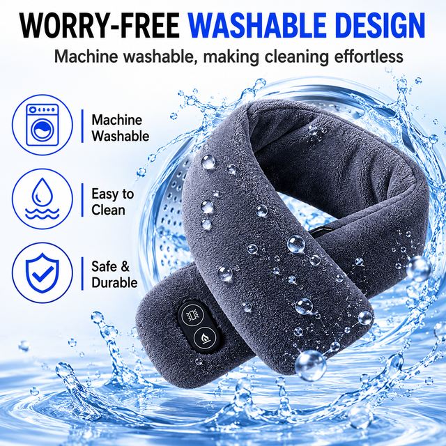 Grey Plush USB Heated Massage Neck Scarf with 3 Temp & 3 Vibration Massage Modes